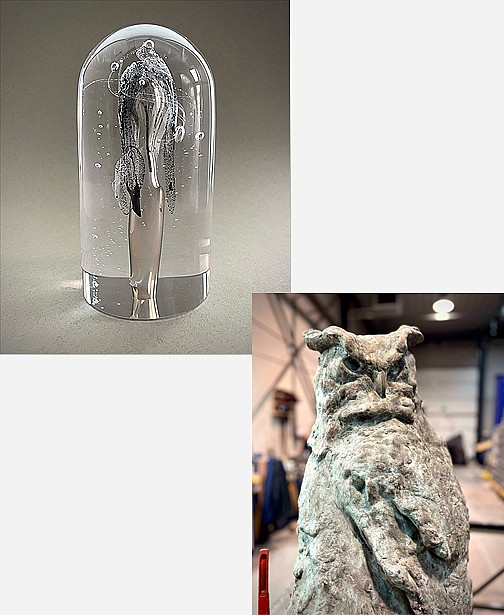 Graphite in glass and OWL sitting on plinth bronze